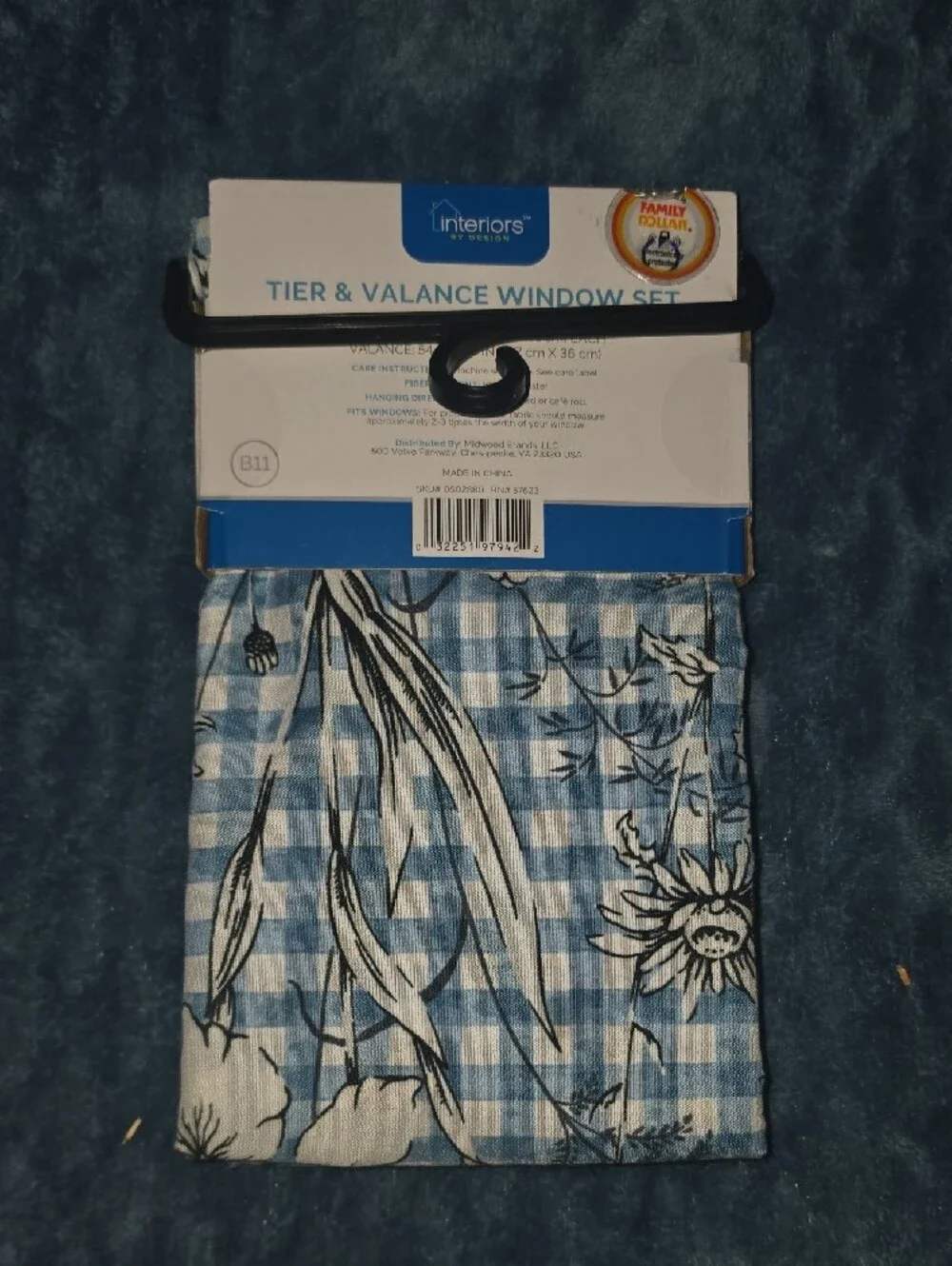Blue Gingham Floral Tier & Valance Set